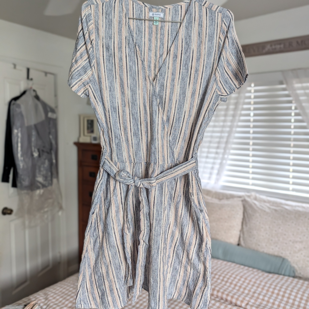 Susina Blue Pink and Cream Striped Mini Dress With Pockets